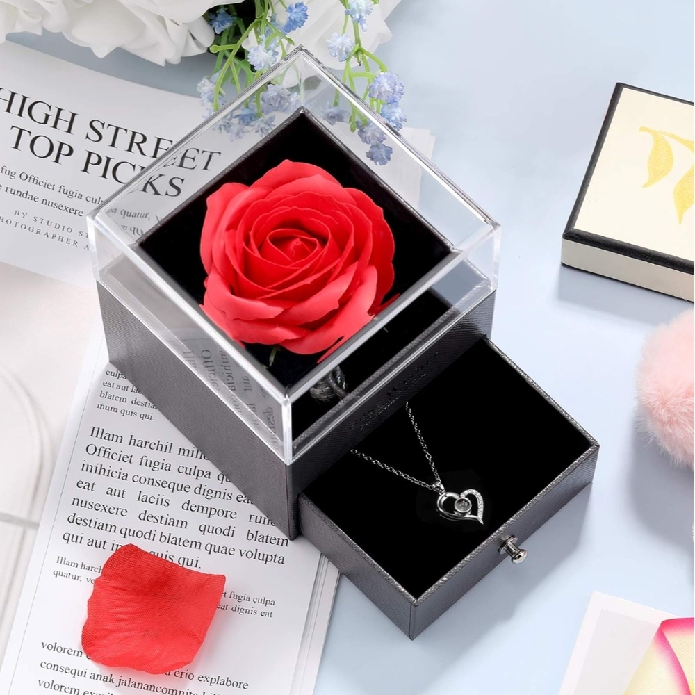 Red Rose Jewelry Box with Heart Pendant Necklace